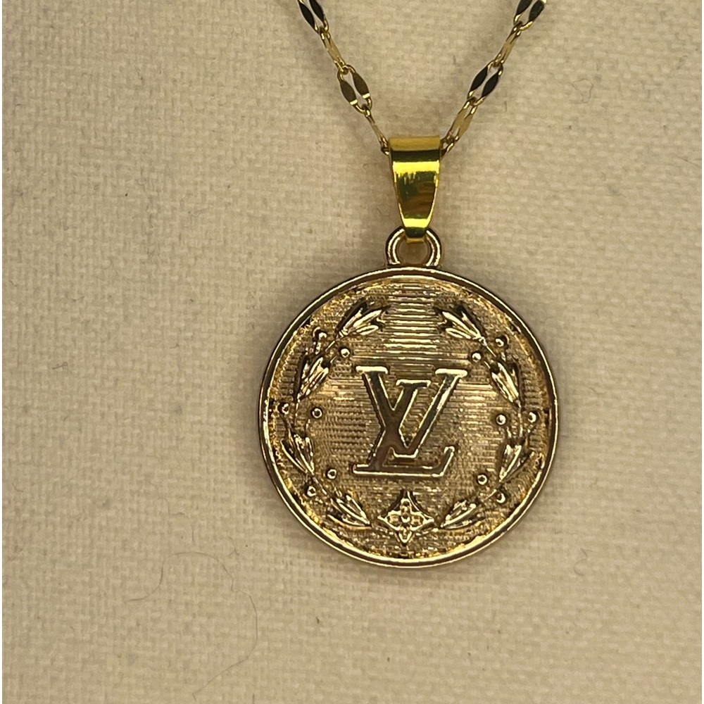 Gold Vintage LV Stamped Upcycled Charm Pendant Necklace - Picture 5 of 9
